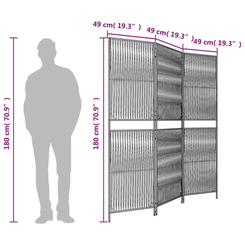 Paravent 3-tlg. Schwarz Poly Rattan