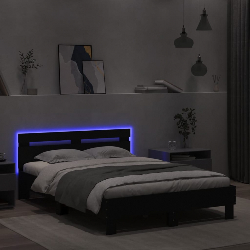 Bettgestell mit Kopfteil LED-Beleuchtung Schwarz 135x190 cm
