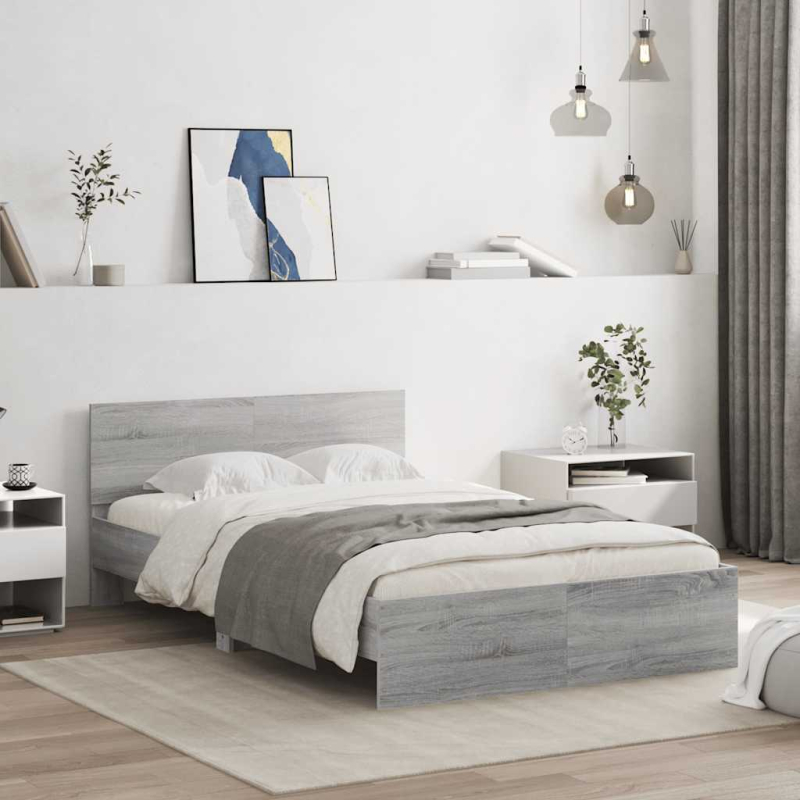 Bettgestell mit Kopfteil LED-Beleuchtung Grau Sonoma 120x200 cm