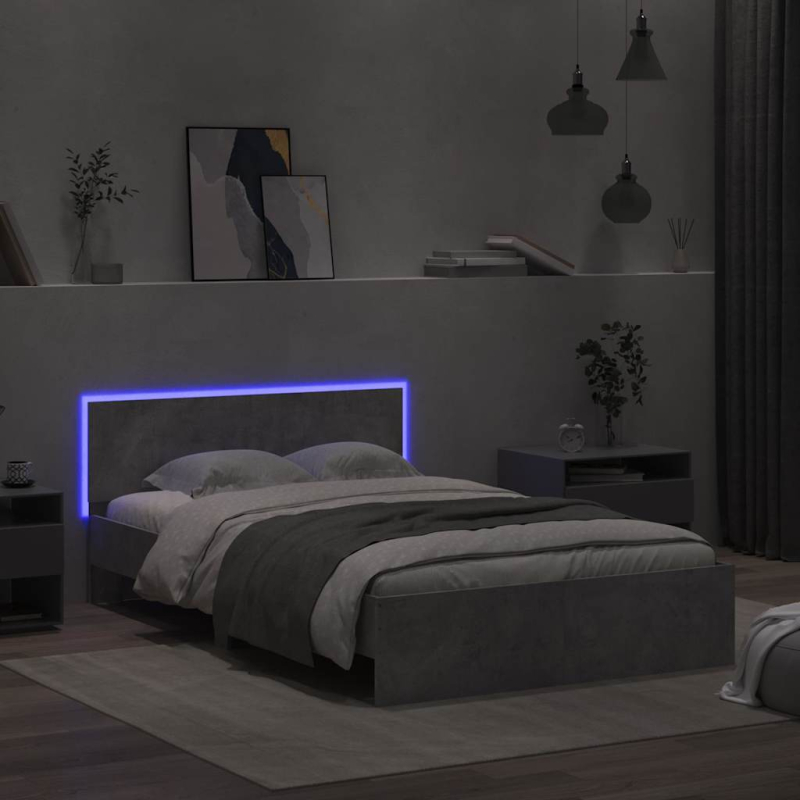 Bettgestell mit Kopfteil LED-Beleuchtung Betongrau 135x190 cm
