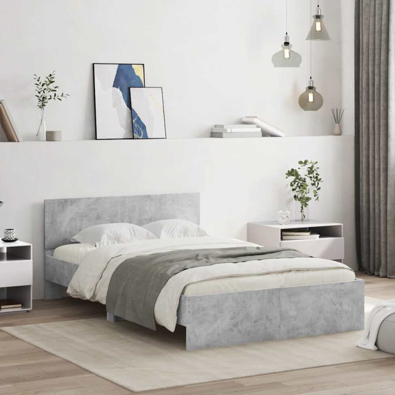 Bettgestell mit Kopfteil LED-Beleuchtung Betongrau 135x190 cm