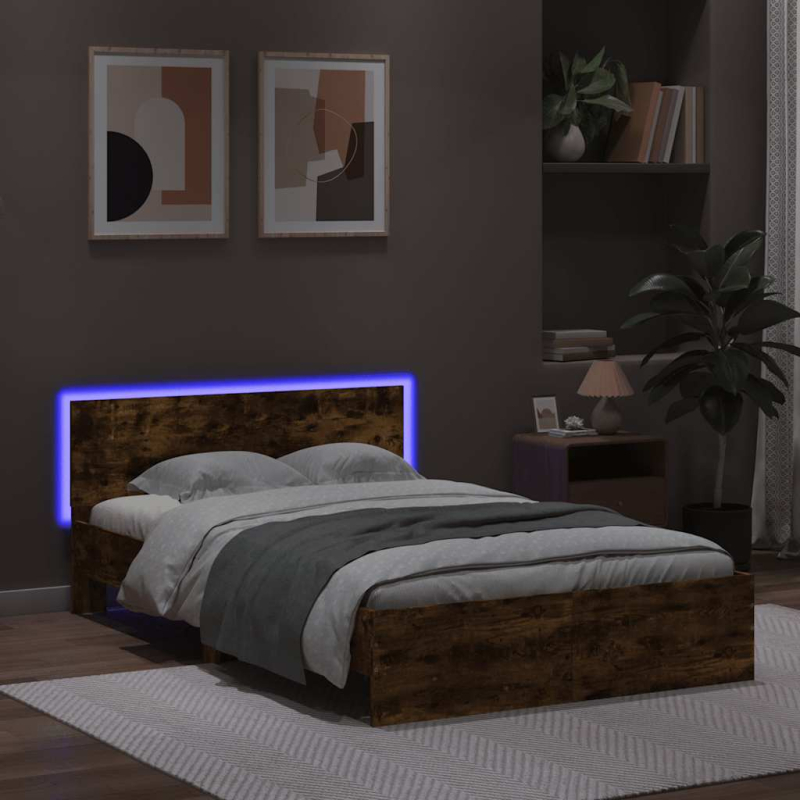 Bettgestell mit Kopfteil LED-Beleuchtung Räuchereiche 135x190cm