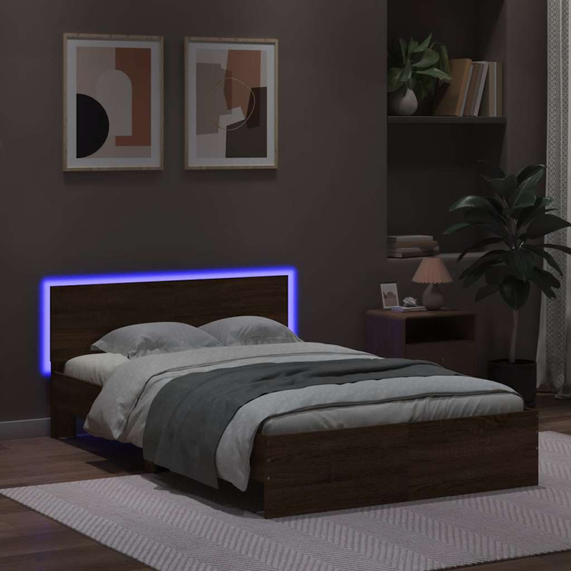 Bettgestell mit Kopfteil LED-Beleuchtung Braun Eichen-Optik