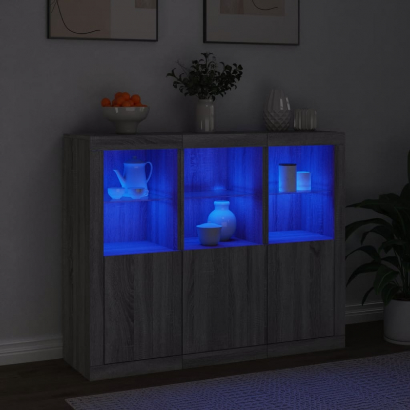 Sideboards mit LED-Leuchten 3 Stk. Grau Sonoma Holzwerkstoff