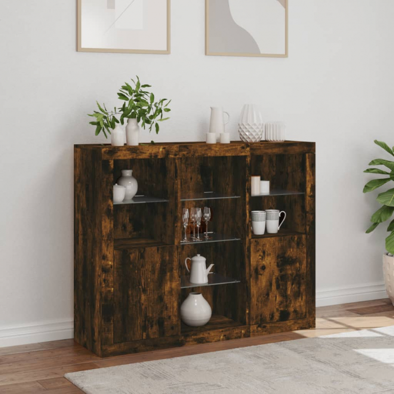 Sideboards mit LED-Leuchten 3 Stk. Räuchereiche Holzwerkstoff