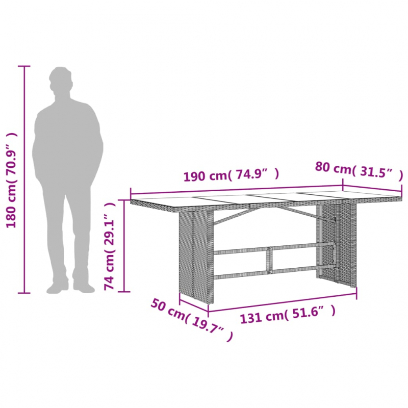 Gartentisch mit Glasplatte Braun 190x80x74 cm Poly Rattan
