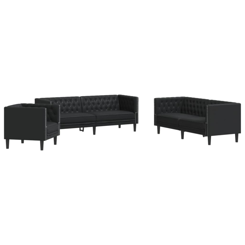 3-tlg. Chesterfield-Sofa-Set Schwarz Kunstleder