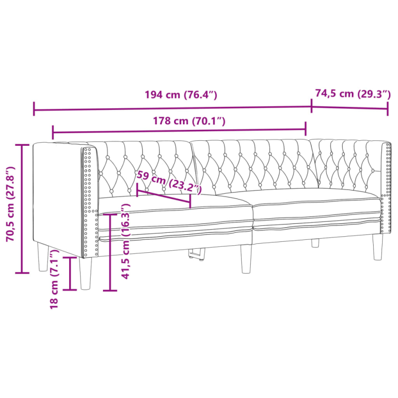 3-tlg. Chesterfield-Sofa-Set Schwarz Kunstleder