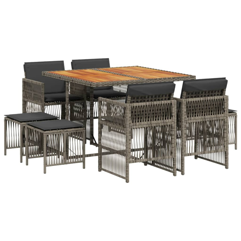 9-tlg. Garten-Essgruppe mit Kissen Grau Poly Rattan