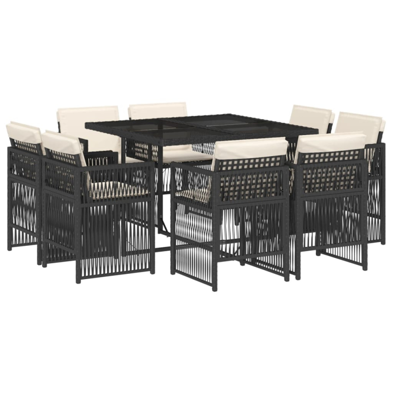 9-tlg. Garten-Essgruppe mit Kissen Schwarz Poly Rattan