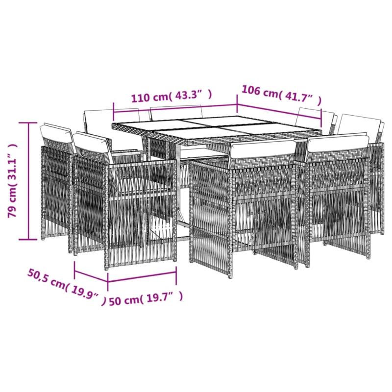 9-tlg. Garten-Essgruppe mit Kissen Braun Poly Rattan
