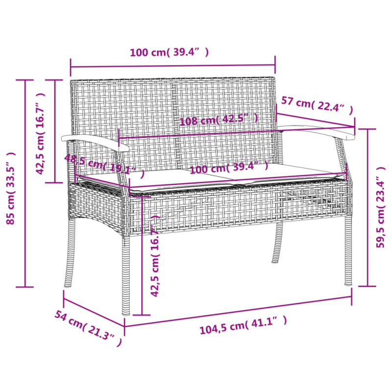 Gartenbank mit Kissen Schwarz Poly Rattan Akazienholz