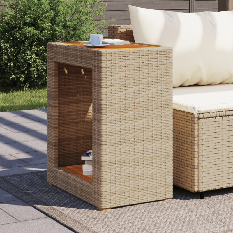 Garten-Beistelltisch mit Holzplatte Beige Poly Rattan