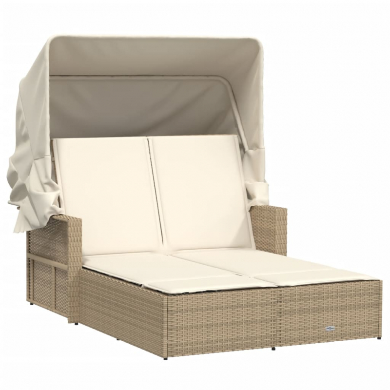 Doppel-Sonnenliege mit Dach und Auflagen Beige Poly Rattan