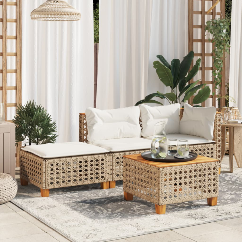 Gartenhocker mit Kissen Beige 63,5x56x32 cm Poly Rattan