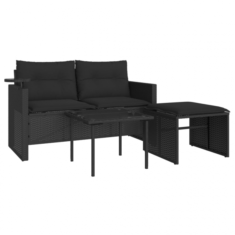 3-tlg. Garten-Sofagarnitur mit Kissen Schwarz Poly Rattan