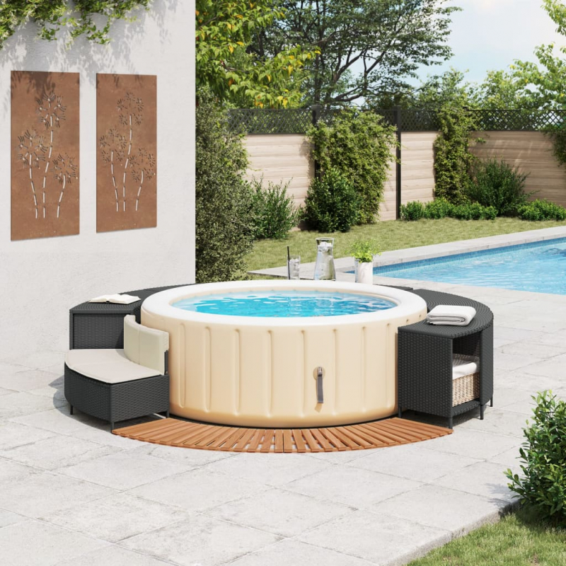 Whirlpool-Umrandung Schwarz Poly-Rattan und Massivholz Akazie