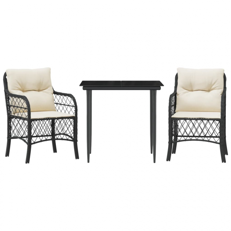 3-tlg. Bistro-Set mit Kissen Schwarz Poly Rattan