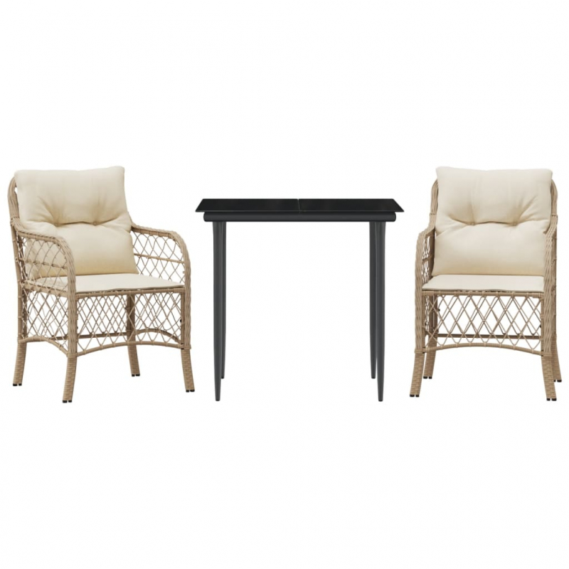 3-tlg. Bistro-Set mit Kissen Beige Poly Rattan