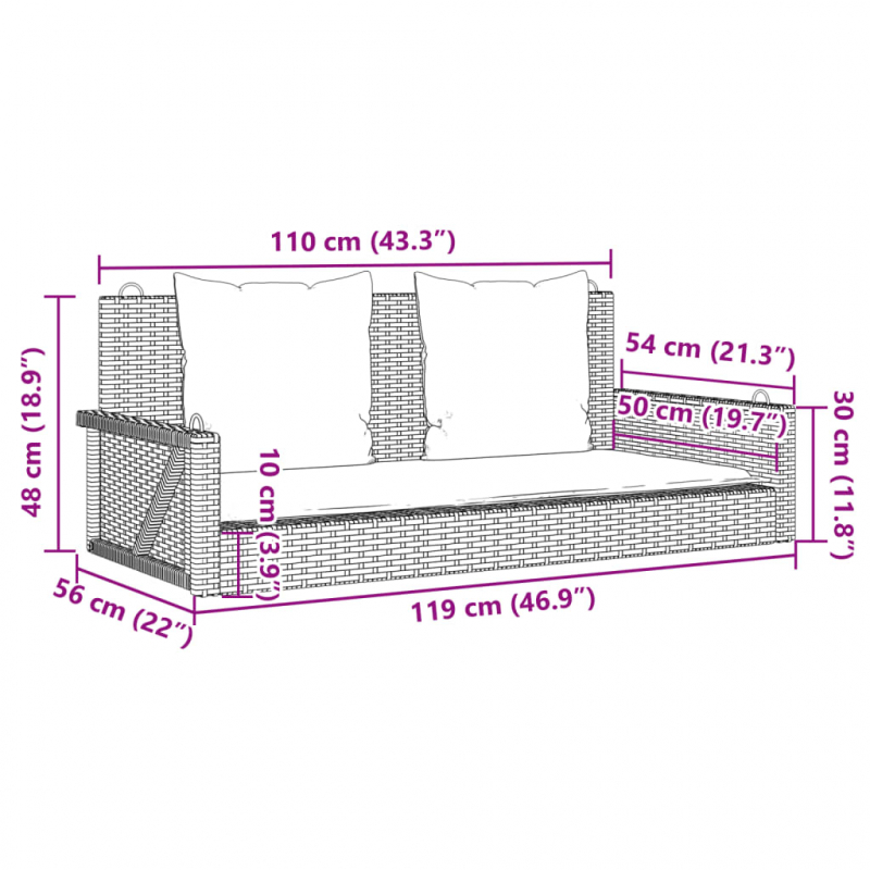 Hängebank mit Kissen Grau 119x56x48 cm Poly Rattan