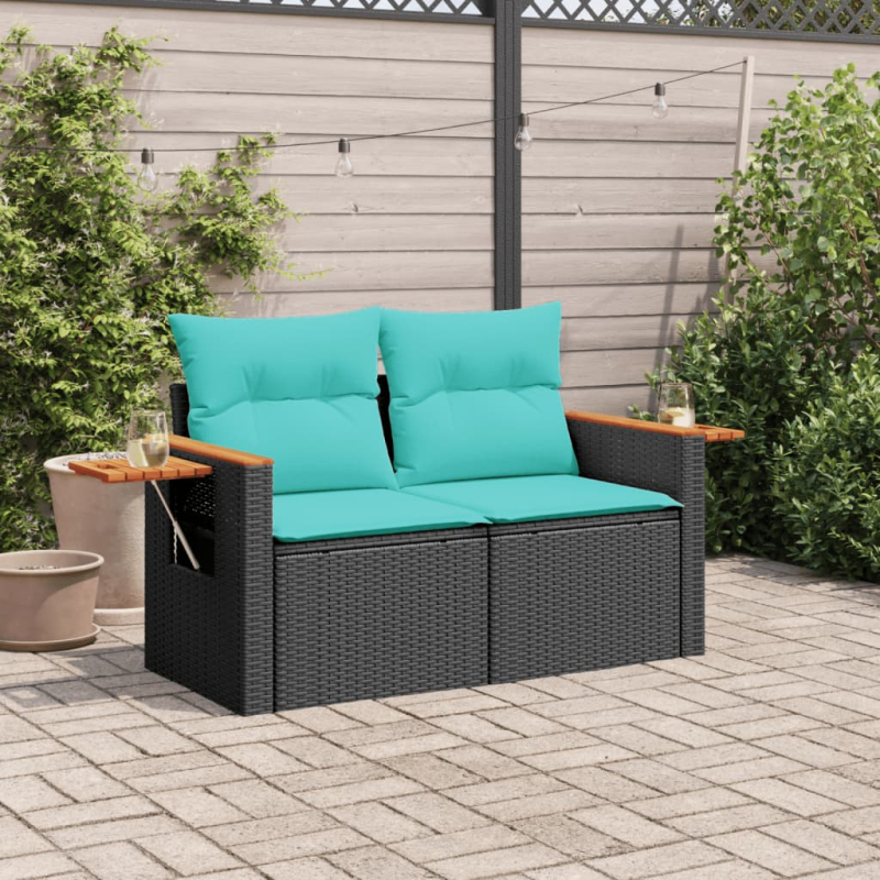 Gartensofa mit Kissen 2-Sitzer Schwarz Poly Rattan