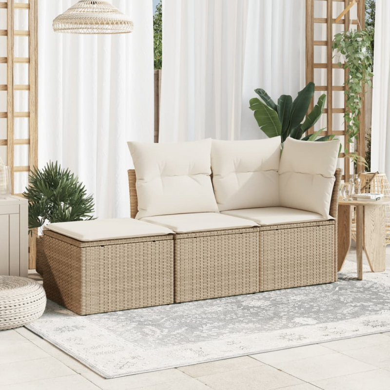 Gartenhocker mit Kissen Beige 55x55x37 cm Poly Rattan