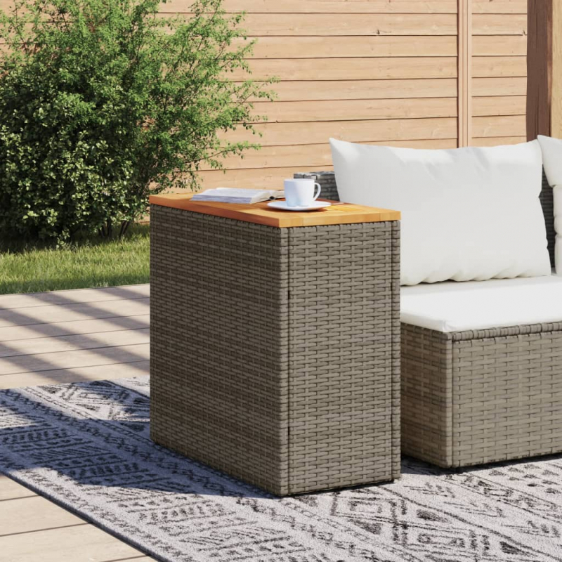 Garten-Beistelltisch mit Holzplatte Grau 58x27,5x55 cm Rattan