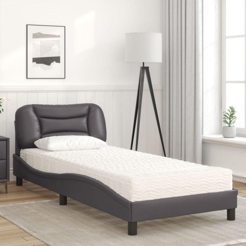 Bett mit Matratze Grau 90x200 cm Kunstleder