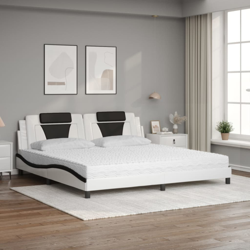 Bett mit Matratze Weiß und Schwarz 200x200 cm Kunstleder