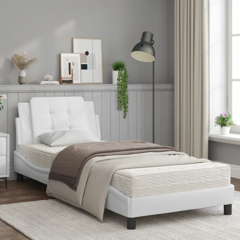 Bett mit Matratze Weiß 90x200 cm Kunstleder