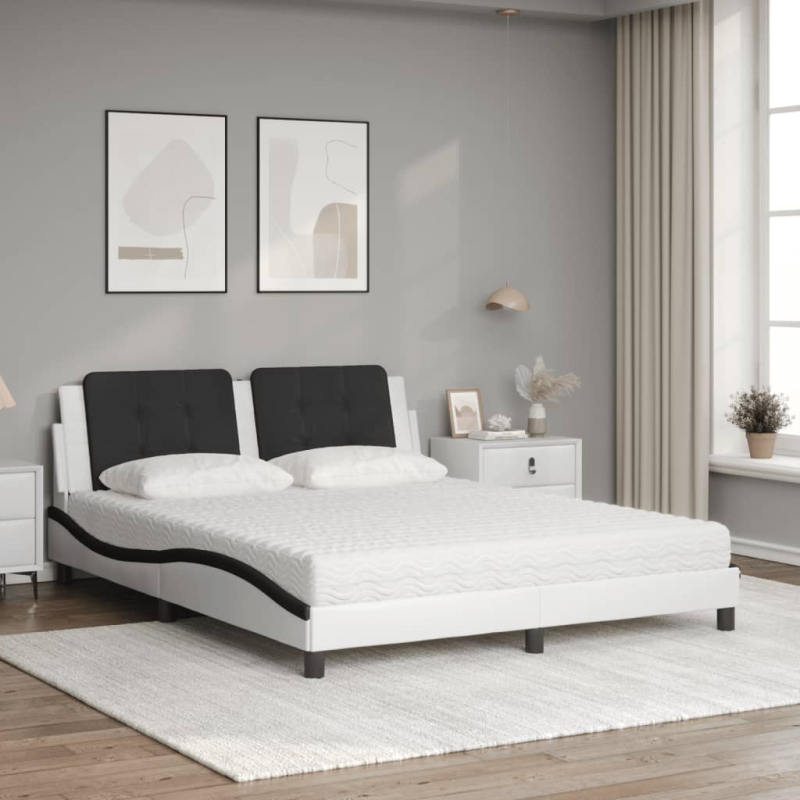 Bett mit Matratze Weiß und Schwarz 160x200 cm Kunstleder