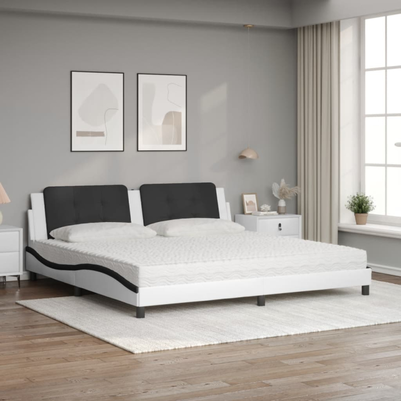Bett mit Matratze Weiß und Schwarz 200x200 cm Kunstleder