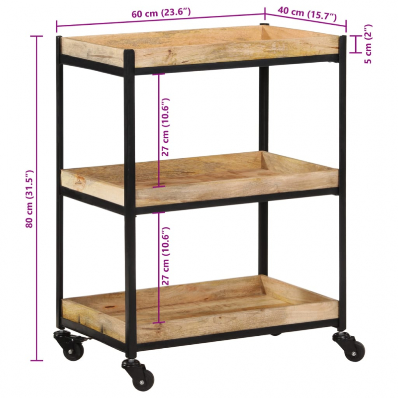 Küchenwagen 60x40x80 cm Raues Massivholz Mango