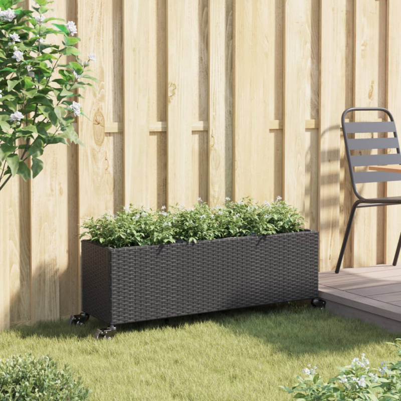 Hochbeet mit Rollen & 3 Fächern Schwarz 107x32x38cm Poly Rattan
