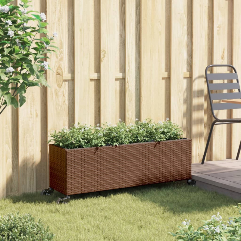 Pflanzkübel mit Rollen 3 Töpfe Braun 107x32x38 cm Poly-Rattan