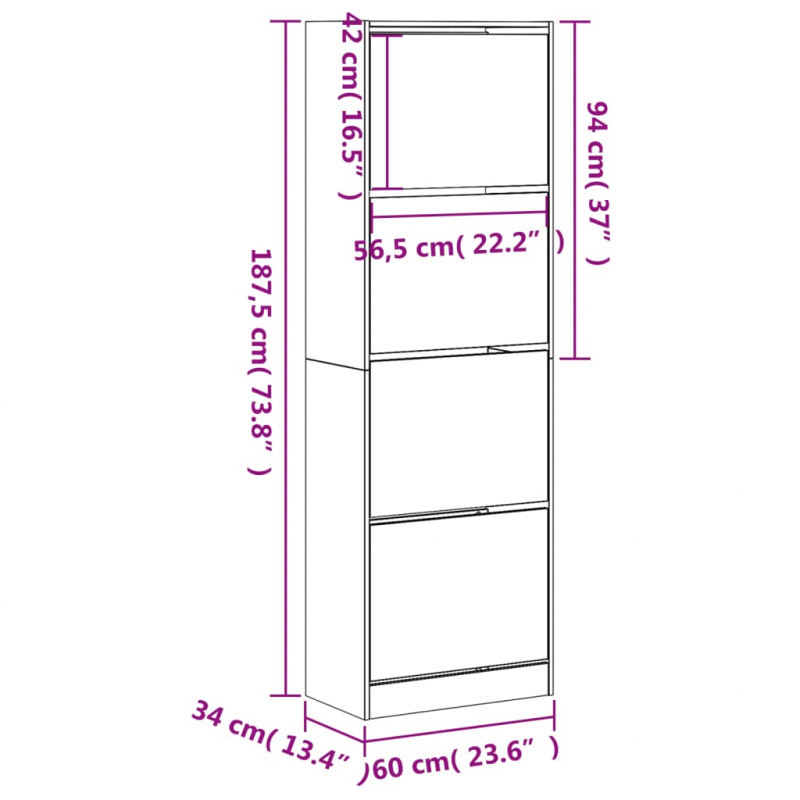 Schuhschrank mit 4 Klappen Grau Sonoma 60x34x187,5 cm