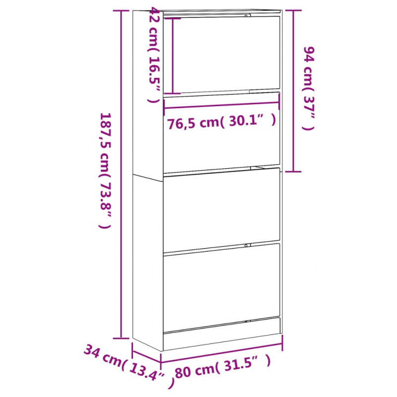 Schuhschrank mit 4 Klappen Schwarz 80x34x187,5 cm