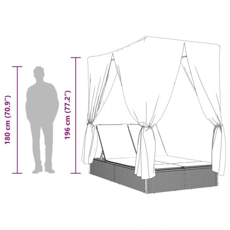 Doppel-Sonnenliege mit Dach und Vorhängen Braun Poly Rattan