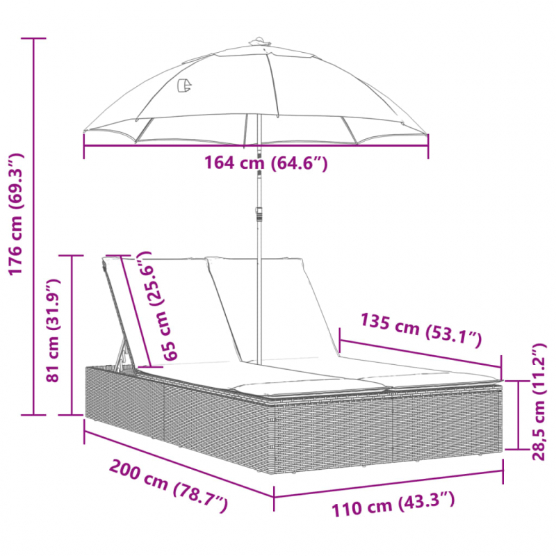 Doppel-Sonnenliege mit Kissen & Sonnenschirm Beige Poly Rattan