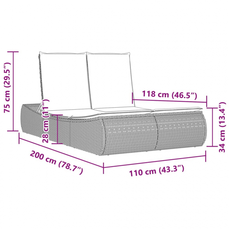 Doppel-Sonnenliege mit Kissen Hellgrau Poly Rattan