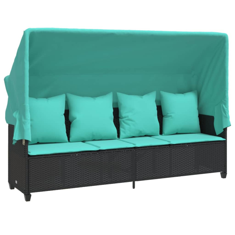 Sonnenliege mit Dach und Kissen Schwarz Poly Rattan