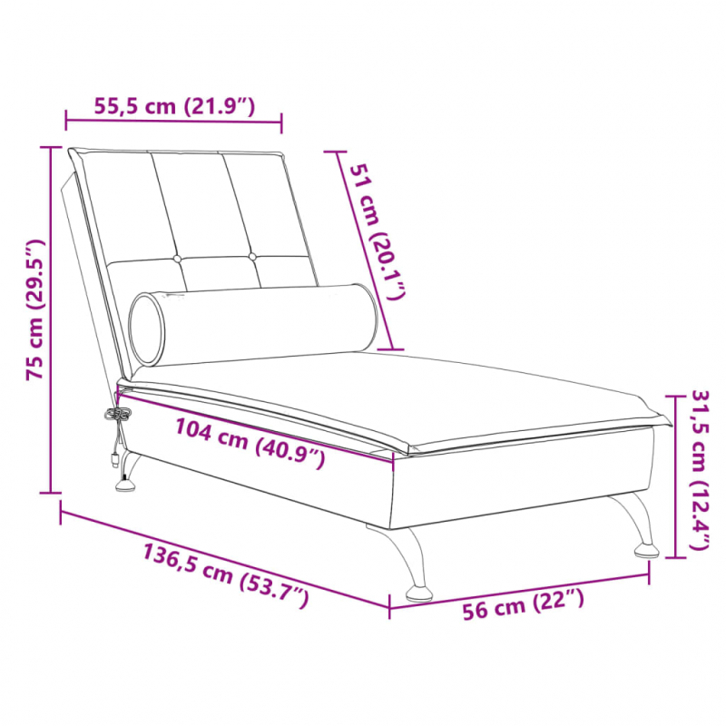 Massage-Chaiselongue mit Nackenrolle Hellgrau Samt