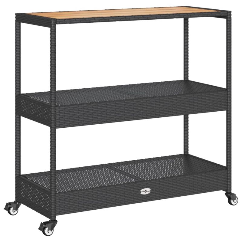 Barwagen 3 Böden Schwarz Poly Rattan und Massivholz Akazie