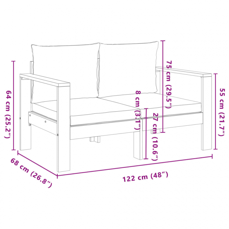 Gartensofa mit Kissen 2-Sitzer Massivholz Akazie