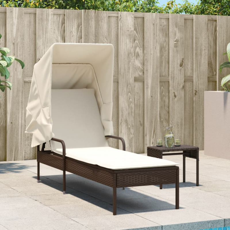Sonnenliege mit Dach und Tisch Braun Poly Rattan