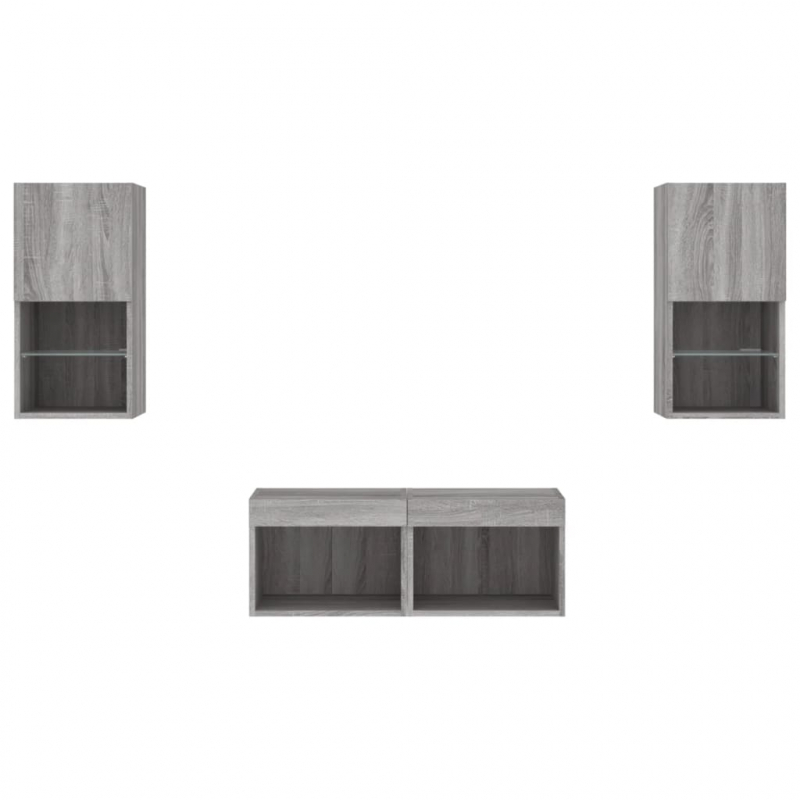 4-tlg. TV-Wohnwand mit LED-Leuchten Grau Sonoma