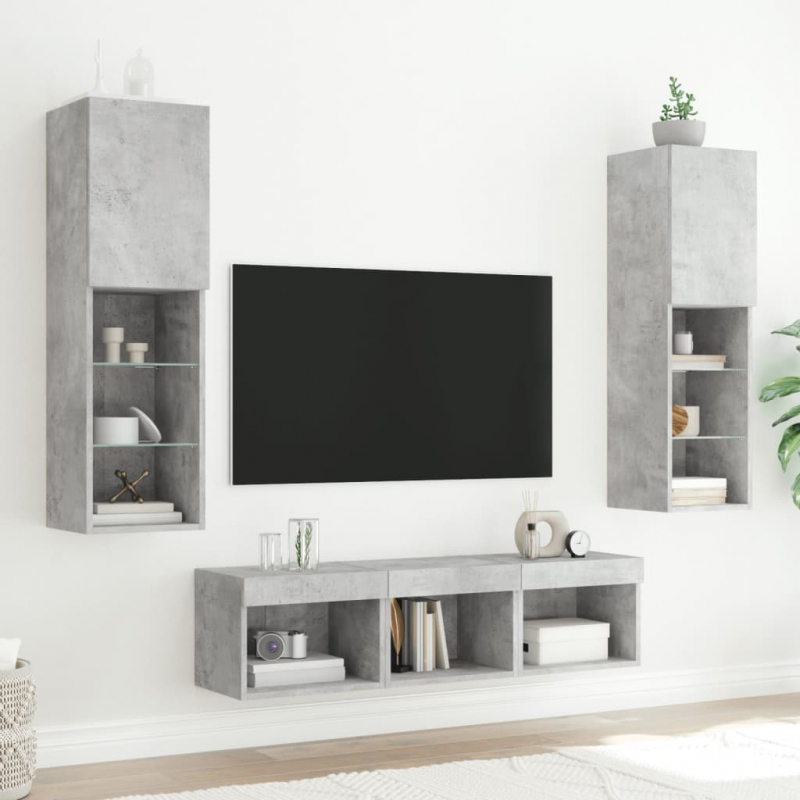 5-tlg. Wohnwand mit LED-Beleuchtung Betongrau Holzwerkstoff