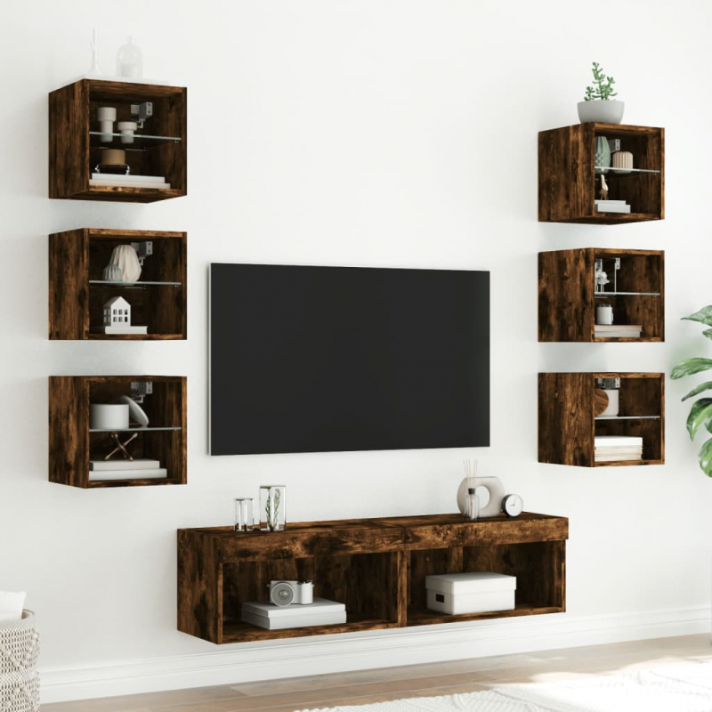 8-tlg. Wohnwand mit LED-Beleuchtung Räuchereiche Holzwerkstoff