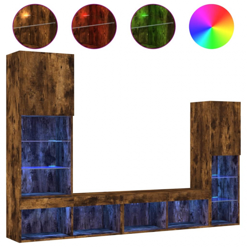 4-tlg. Wohnwand mit LED-Beleuchtung Räuchereiche Holzwerkstoff