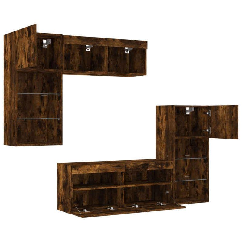5-tlg. Wohnwand mit LED-Beleuchtung Räuchereiche Holzwerkstoff